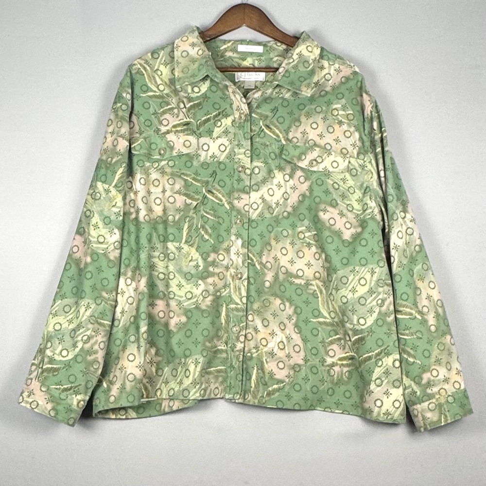 C.J. Banks Button Down Shirt Women 3X Green Y2K NWOT Stretch Geometric Leaf